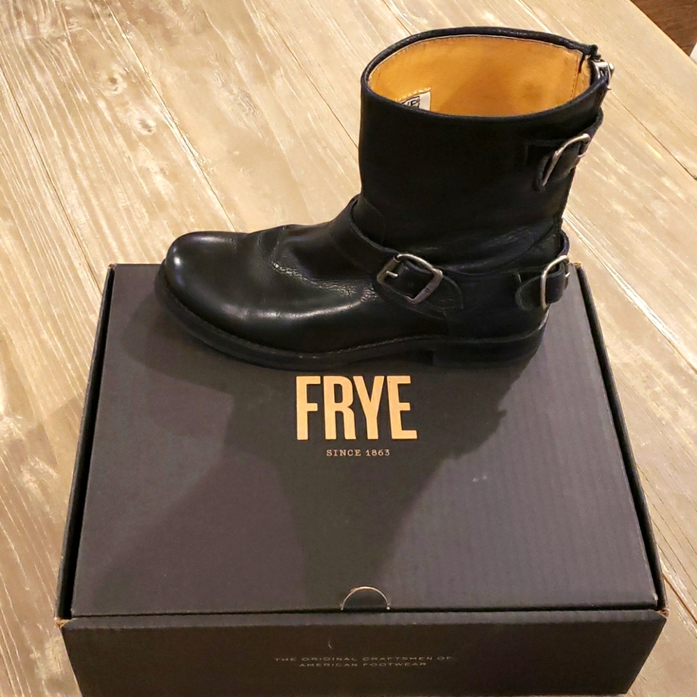 Frye Black Leather Harness Ankle Boots